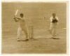 The Ashes. England tour to Australia 1928/29. Two original sepia press photographs, one of Maurice Leyland playing a cover drive in England's first innings of the fifth Test, Melbourne, 8th- 16th March 1929 (timeless Test). Central Press Photos, 10"x8". T