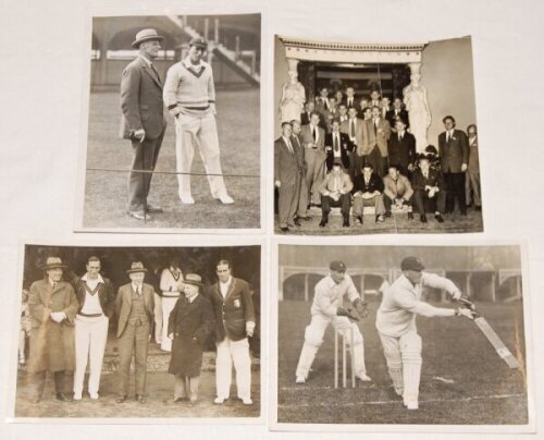 South Africa tour to England 1929. Four original sepia press photographs, depicting H. Frielinghaus (tour manager), H.G. Leveson Gower, E.A. Earle and J.W.H.T. Douglas standing in front of the pavilion at Godalming for the opening match of the tour v R. E