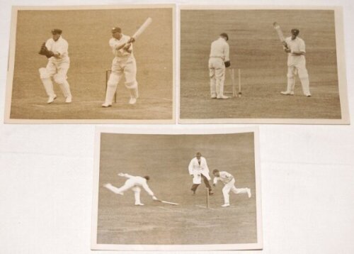 The Ashes. Australia tour to England 1930. Two original sepia press photographs of match action, one of Hobbs batting in the first Test at Trent Bridge, the other of Woodfull clean bowled by Hammond in the third Test at Headingley. Both 8.5"x6.5". Central