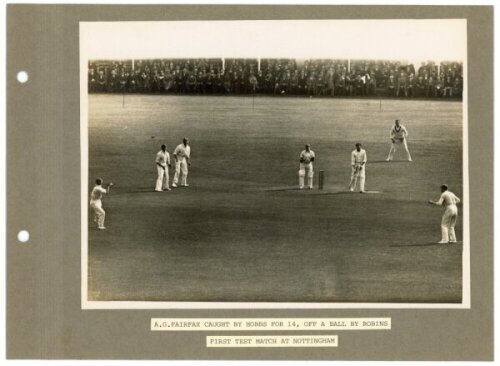 The Ashes. England v Australia 1930. Two pages taken from an album from the 1930 tour presented to Clarrie Grimmett. Each page features an original mono press photograph of action from the Ashes Test series, laid down to the page with a typed caption moun