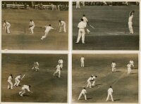 England v New Zealand 1931. New Zealand inaugural Test match in England. Four original sepia press photographs of action from the first Test at Lord's, 27th- 30th June 1931. Images depict Ian Peebles bowling for England in New Zealand's first innings, Dul