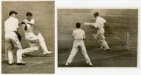 The Ashes. England v Australia 1938. Two mono press photographs of action from the second Test at Lord's. One of England batsman, Eddie Paynter, hitting a six off the bowling of Fleetwood-Smith in his innings of 99, the other of Bill Edrich bowled by McCo