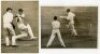 The Ashes. England v Australia 1938. Two mono press photographs of action from the second Test at Lord's. One of England batsman, Eddie Paynter, hitting a six off the bowling of Fleetwood-Smith in his innings of 99, the other of Bill Edrich bowled by McCo