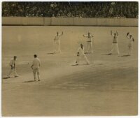 The Ashes. England v Australia 1953. Large original sepia press photograph from the fifth Test at The Oval, 15th- 19th August 1953, depicting the Australian fielders appealing (successfully) to dismiss Bill Edrich L.B.W. off the bowling of Ray Lindwall in