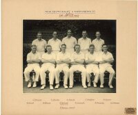 'New South Wales v Marylebone C.C. Sydney 21st- 24th Feb. 1947'. Excellent official mono photograph of the New South Wales team seated and standing in rows wearing cricket attire. Players featured include Lush (Captain), Lindwall, Carmody, Morris, Kissell