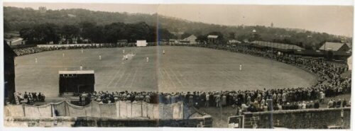 Cricket in Lancashire 1951. An original panorama comprising two joined mono photographs taken at Alexandra Meadows, Blackburn. The match taking place is East Lancashire v Ramsbottom for the Worseley Cup Semi-final, 19th July 1951, with a very large crowd 