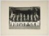 M.C.C. tour to Pakistan 1955/56. Official mono photograph of the M.C.C. touring party seated and standing in rows wearing tour blazers. Players featured include Carr (Captain), Sutcliffe, Sainsbury, Close, Stephenson, Titmus, Lock, Parks, Swetman, Barring