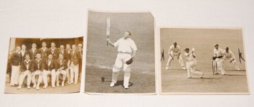 Don Bradman. Three original press photographs featuring Bradman in Test matches. Images are the Australian team for the fifth Test, Melbourne 1928/29, Bradman playing an attacking shot in the first Test at Trent Bridge, 1930, and Bradman acknowledging the