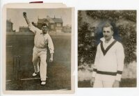 Somerset. Two early original mono press photographs of Somerset players. Sammy Woods (Cambridge University, Somerset & England 1888-1910) full length in bowling pose, 8"x10", and a portrait of Harold Gimblett (Somerset & England 1935-1954), half length we