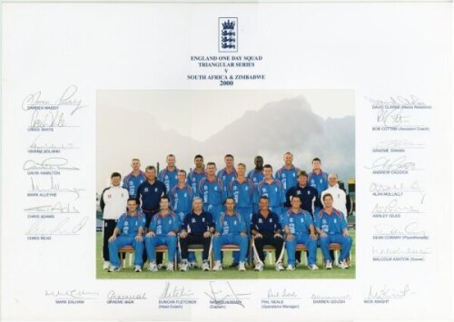 'England One Day Squad. Triangular Series v South Africa & Zimbabwe 2000'. Official colour photograph of the England players and support staff. The photograph, by Vivian Allen, Cape Town, with mount overlay with printed title and players names to borders,
