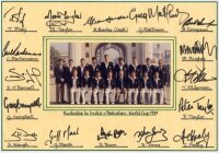 Australia tour to India & Pakistan. World Cup 1989. Colour photograph of the Australian touring party seated and standing in rows wearing tour blazers. The photograph laid to card signed by sixteen members of the touring party. Players' signatures include