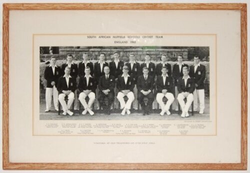 'South African Nuffield Schools Cricket Team. England 1963. Visitors at Old Trafford on 17th July, 1963'. Official mono photograph of the South African Schools touring party of 1963, seated and standing in rows wearing tour blazers. Notable players featur