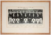 'South African Nuffield Schools Cricket Team. England 1963. Visitors at Old Trafford on 17th July, 1963'. Official mono photograph of the South African Schools touring party of 1963, seated and standing in rows wearing tour blazers. Notable players featur