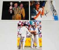 Shane Warne. Three colour press photographs, each signed to the photograph by Warne. Images depict Warne and Damien Fleming celebrating winning the World Series Cup in 1995, Warne and Mark Waugh having dismissed England's Graham Thorpe in the second Test
