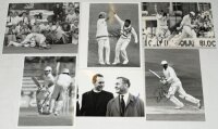 England Test and county cricketers 1980s-1990s. Six colour and nine mono original press photographs of England Test cricketers in match action, each signed by the featured player(s). Signatures are Hick, Gooch, J. Lever, Robinson, French, Moxon, Capel, At