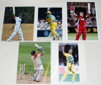 Australia Test and international players signed photographs 1990s-2020s. Thirteen original colour press photographs of Australia Test players in match action, practising etc. Each photograph signed by the featured player. Signatures are Warne, Cummins, Do
