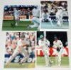 Australia Test and international players signed photographs 1990s-2020s. Thirteen original colour press photographs of Australia Test players in match action, practising etc. Each photograph signed by the featured player. Signatures are Warne, Cummins, Do - 2