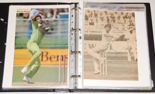 Signed Pakistan player photographs 1980s-2010s. Black file comprising thirty four colour and mono press photographs, the odd press cutting. Each signed by the featured player(s), either to the photograph or on mounted card. Signatures include Javed Mianda