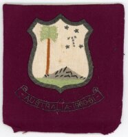 Roy Alastair McLean. Natal & South Africa 1949-1966. Original embroidered green blazer breast pocket with yellow stripes, issued to Roy McLean for the 1955 tour to England Australia. The South African emblem with springbok and 'S.A. 1955' in shield, laid 