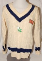 Mark Andrew Robinson (Northamptonshire, Canterbury, Yorkshire and Sussex 1987-2002). Yorkshire 2nd XI long sleeve woollen sweater by Luke Eyres of Cambridge with Yorkshire colours to waist, neck and cuffs, white rose bud emblem and sponsor's logo for Tetl