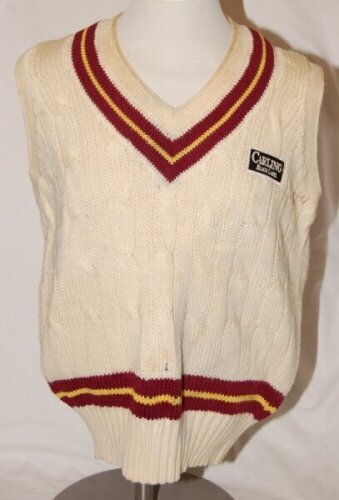 Mark Andrew Robinson (Northamptonshire, Canterbury, Yorkshire and Sussex 1987-2002). Northamptonshire 1st XI short sleeve woollen sweater by Fullers with Northamptonshire colours to waist and neck, and sponsor's logo for Carling Black Label to chest. The 