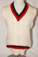 Mark Andrew Robinson (Northamptonshire, Canterbury, Yorkshire and Sussex 1987-2002). Canterbury (New Zealand) 1st XI short sleeve woollen sweater by Michael Stossel of Christchurch, with Canterbury colours to waist and neck. The sweater issued to and worn