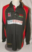 Leicestershire C.C.C. Two match worn Leicestershire Foxes one-day long sleeve shirts. Green shirt with red and yellow trim, county emblem and sponsors' logos to front, player's names and number 'Masters 9' (David Masters, Leicestershire 2003-2007) to reve