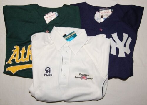 The Ashes 2005. 'England's Barmy Army' white short sleeve cricket style shirt with logo to chest and cartoon to reverse, 'The Usual Suspects, eleven criminals, one line up, no coincidences'. Also two baseball shirts, all produced as samples for Lord's. So