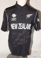 New Zealand. ICC Champions Trophy England & Wales 2017. Unnamed black short sleeve player shirt by 'Canterbury' with white emblems and 'New Zealand' to chest, signed to the front by the fifteen members of the New Zealand squad. Signatures include Williams