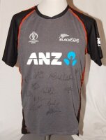 New Zealand. ICC Cricket World Cup England & Wales 2019. Original players' warm-up shirt by 'Canterbury'. The short sleeve shirt with grey front, black and orange to back. New Zealand Blackcaps and ICC World Cup emblems to chest with sponsors logo 'ANZ' b
