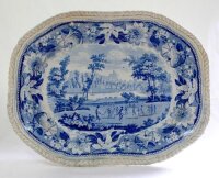 'Cricket at Windsor Castle meat dish'. A very large shaped oval Goodwin & Harris 'Metropolitan Scenery' meat dish printed in blue and embellished with a scene of Windsor Castle and the Thames to foreground featuring a cricket match to the foreground with 