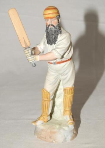 W.G. Grace. Continental, probably German, bisque figure of W.G. Grace in batting pose wearing pads and gloves and M.C.C. cap and belt. Approx 9" tall. Minor chipping to base otherwise in good+ condition - cricket