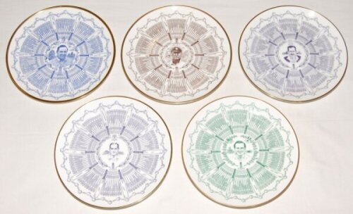 Century of Centuries commemorative plates. Nine limited edition Century of Centuries plates, the majority with original printed information sheets. Four plates by Coalport of Don Bradman, Jack Hobbs, Colin Cowdrey, and John Edrich. Five by Royal Grafton, 