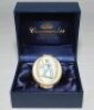 Cricket pillbox. Sir Donald Bradman. Modern enamelled oval pillbox hand decorated with a portrait of Bradman standing full length in batting pose. In original box with certificate of authentication. Produced by Crummles of Poole, Dorset. VG - cricket