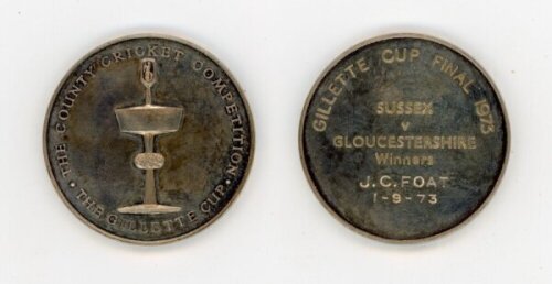 James Clive Foat. Gloucestershire 1972-1979. A silver metal medallion by Garrard & Co., presented to Foat at the final of the Gillette Cup at Lord's 1973, engraved 'Sussex v Gloucestershire Winners J.C. Foat 1-9-73'. 1.5" diameter in original case. G/VG -