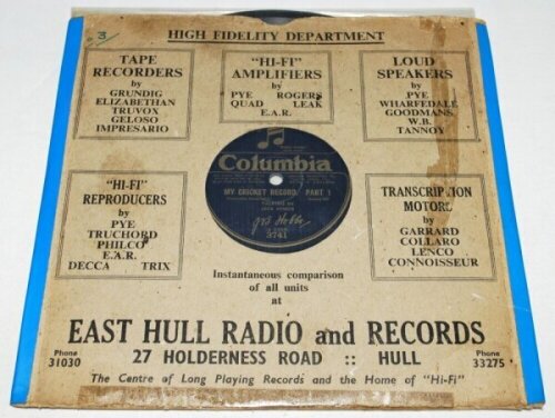 Jack Hobbs. 'My Cricket Record'. 78rpm record made by Jack Hobbs in August 1925. Hobbs talks on cricket. Good condition. Sold with a plaster bust of Hobbs wearing cricket cap by E. Sheen 1925. Produced to 'Aid the Middlesex Hospital Reconstruction Fund 19