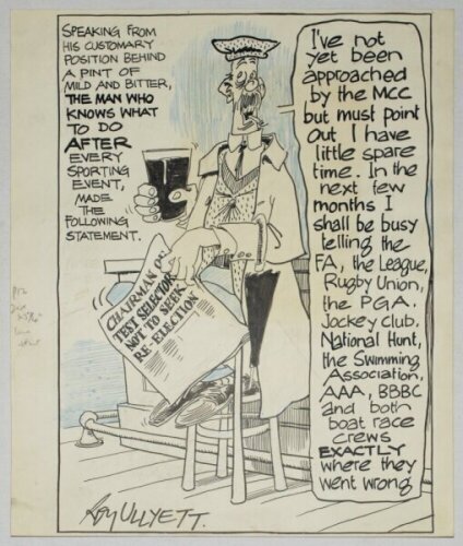 Roy Ullyett. Large amusing original pen and ink caricature/ cartoon artwork with blue highlights, by artist Roy Ullyett, depicting man wearing coat and cap seated on a bar stool with a glass of beer in his hand, holding a newspaper with the headline, 'Cha