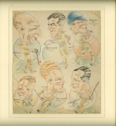 Cricket caricatures 1931. Original colour pencil illustration of six notable cricketers in various batting and bowling poses. Players featured are Mead (Hampshire), G. Gunn (Nottinghamshire), Hopwood, Iddon, Sibbles and E. Tyldesley (Lancashire). Signed '