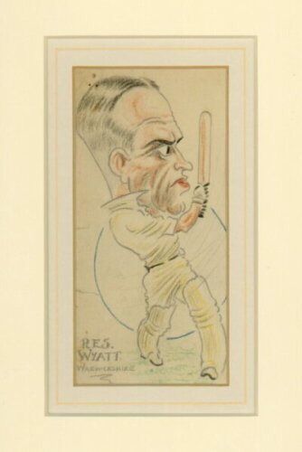 Robert Elliott Storey 'Bob' Wyatt. Warwickshire, Worcestershire & England 1923-1951. Contemporary small colour pencil caricature of Wyatt in batting pose playing an attacking shot to the leg. Inscribed 'RES Wyatt. Warwickshire'. Probably 1930s, artist unk