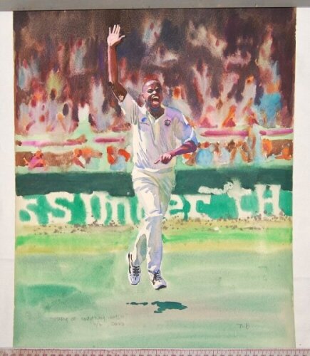 'Study of Courtney Walsh'. Original watercolour artwork of Walsh in bowling action for West Indies. Signed by the artist 'N.B.' and dated 6th June 2000. Unmounted, 19"x14". Sold with a colour print of a cartoon depicting a large herd of wildebeest crossin