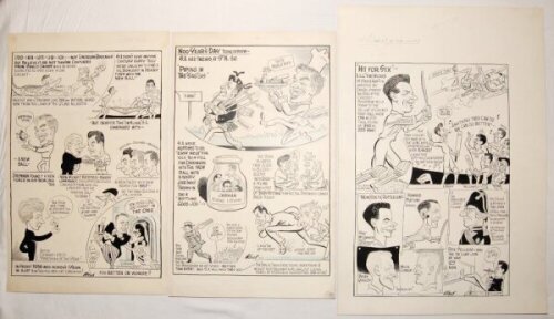 Samuel Wells cartoons. Victoria 1956/57 and 1959/60. Three excellent large original pen and ink caricature/ cartoon artworks by artist Samuel Wells, two with blue shading, presumably for the Age newspaper, Australia. In one, the top portion reports on the