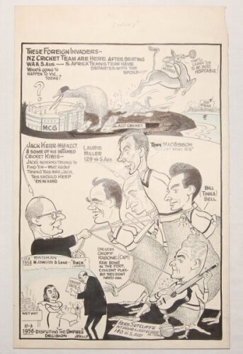 Samuel Wells cartoon. New Zealand tour to Australia 1953/54. 'These Foreign Invaders'. Excellent large original pen and ink caricature/ cartoon artwork with blue shading, by artist Samuel Wells, presumably for the Age newspaper, Australia. The top portion