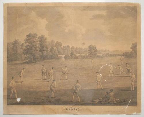 'Cricket, as played in Mary-le-bone fields'. Francis Hayman. Engraved by Charles Grignion. Early original copper engraving of this famous early scene with title 'Cricket to lower border. Published July 16th 1748. The engraving shows a wicket of just two s