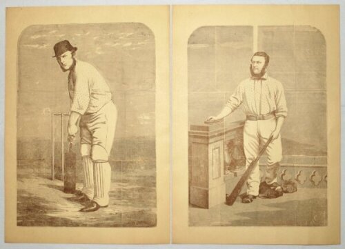 Victorian cricket prints c.1860s. A selection of original prints from engravings of six cricketers of the period comprising two prints each of Roger Iddison, John Lillywhite, George Tarrant, W. Mortlock, H.H. Stephenson and George Parr, each depicted stan