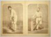 Victorian cricket prints c.1860s. A selection of original prints from engravings of six cricketers of the period comprising two prints each of Roger Iddison, John Lillywhite, George Tarrant, W. Mortlock, H.H. Stephenson and George Parr, each depicted stan