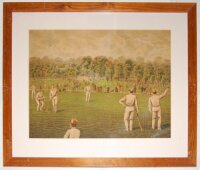 'Cricket at Crystal Palace' c.1885. Large original chromolithograph depicting matches being played with large numbers of onlookers and passers-by. In the background can be seen the Crystal Palace amongst the trees. Artist unknown. The print measures appro