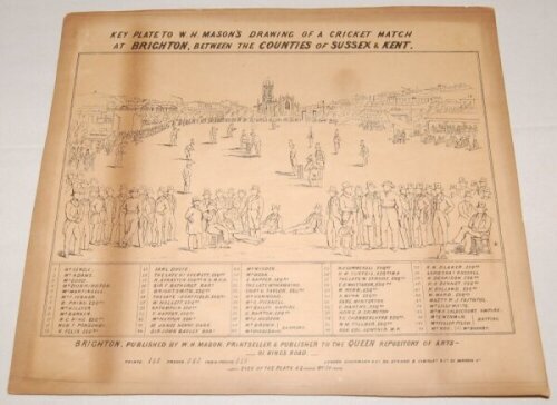 'Key Plate to W.H. Mason's Drawing of a Cricket Match at Brighton, Between the Counties of Sussex & Kent'. Rare original key plate of the engraving identifying all players and spectators in the picture. Published by W.H. Mason, Brighton. 13.5"x12". Some a