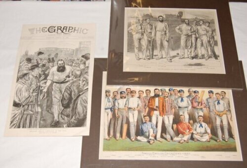 Newspaper and magazine prints, late 1800s. Front page of 'The Graphic', 26th August 1893, with full page engraving of W.G. Grace walking off the field through the crowds at The Oval, England v Australia, 'drawn from life by Paul Renouard'. The illustratio