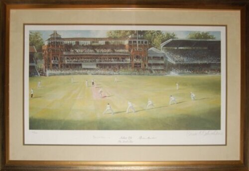 'Ashes 89. The Lord's Test' by renowned cricket artist, Sherree Valentine Daines (1956-date). Large colour wide angled panoramic view of Lord's cricket ground with the Test match in progress in the artist's noted style. From the original oil painting pain