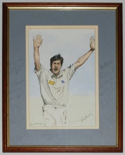 Mike Watkinson, Lancashire & England. Original pen, ink and watercolour artwork of Watkinson depicted three quarter length wearing England cricket attire, arms raised. Signed by the artist, Shirley Stewart, and dated 30th June 1995. Produced for Watkinson